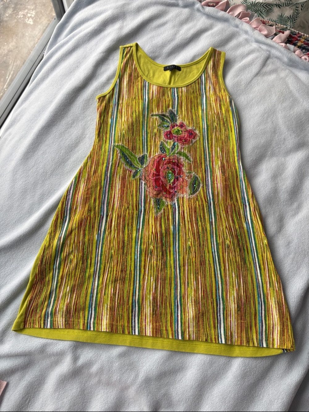 Boho Chartreuse Striped Mini Dress with Floral Appliqué and Sequins 100% cotton